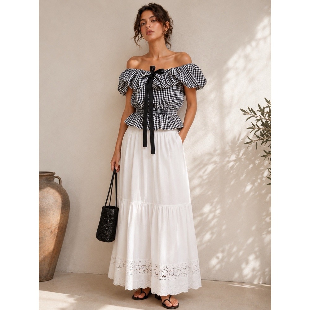 ELAU Gingham Off Shoulder Top S Made In France Coquette French Girl Euro Summer